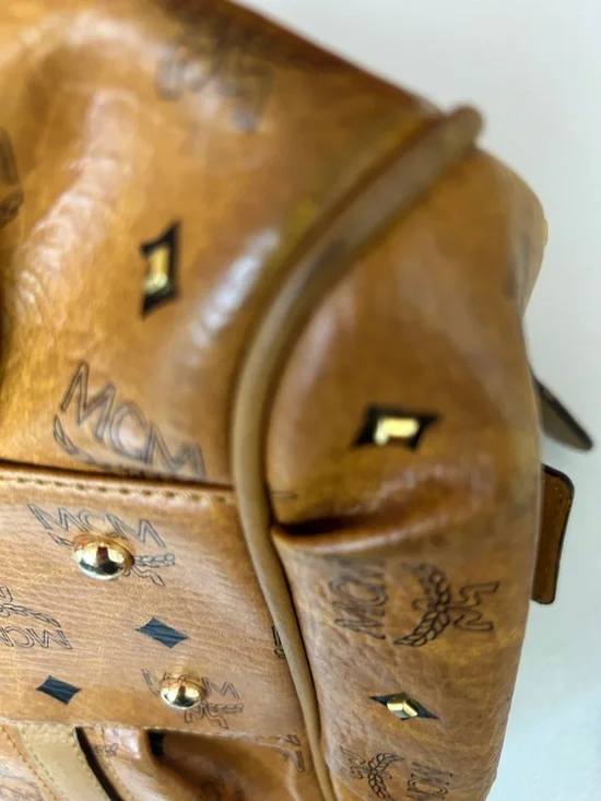 MCM Cognac Logo Visetos Barrel Satchel with Gold Plaque - Picture 11 of 14